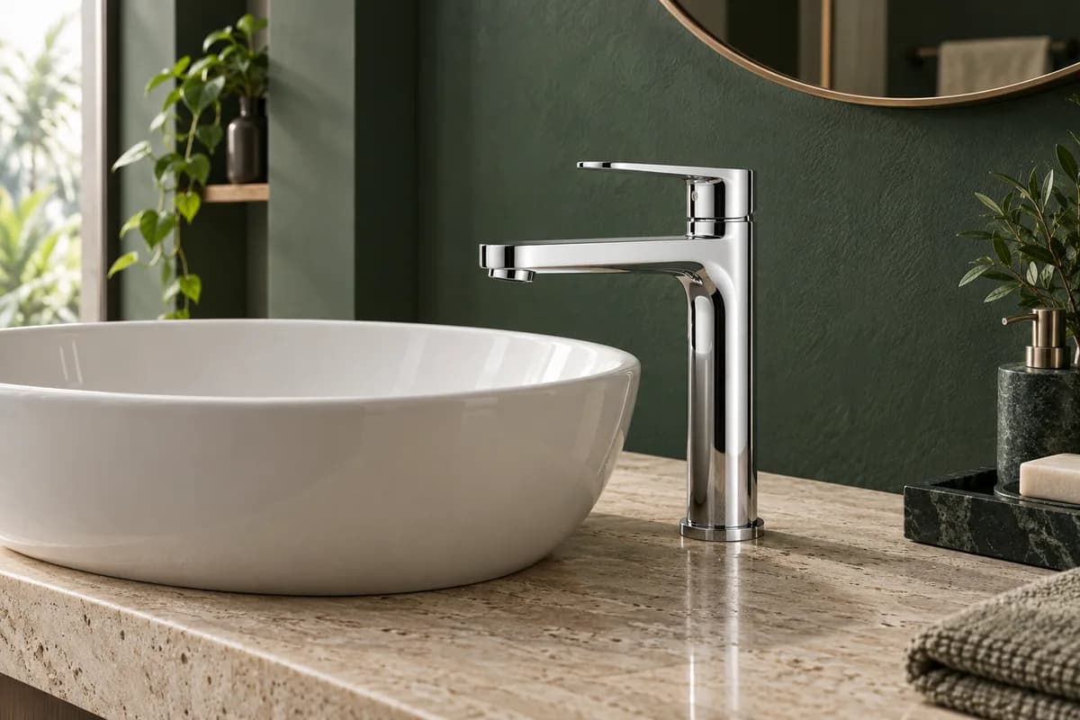 Bathroom design concept with a chrome faucet, stone countertop and green wall
